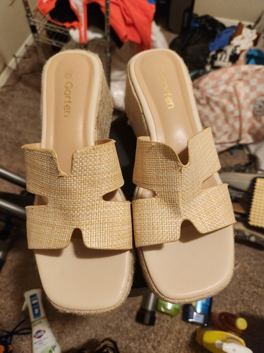 Beige Woven Espadrille Wedge Slides